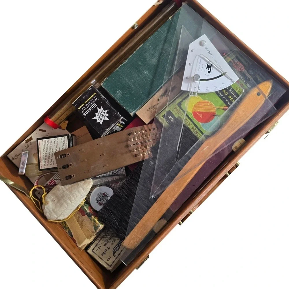 Vintage Tan Faux Leather Briefcase Monogrammed JRF with Drafting Supplies Kit
